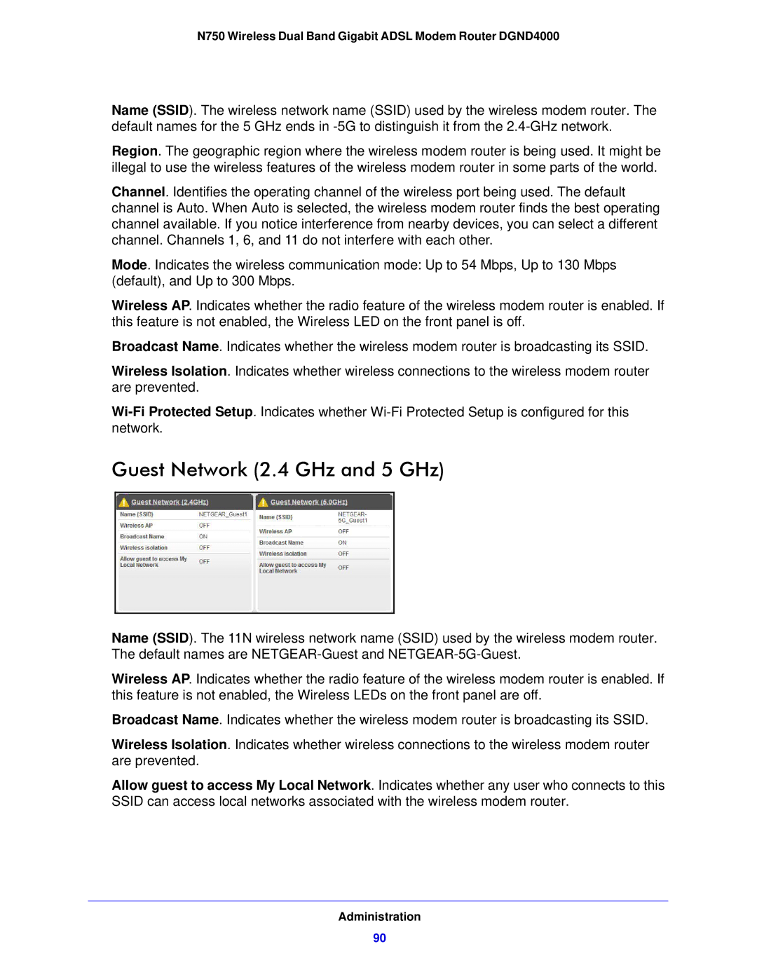 NETGEAR DGND4000-100NAS user manual Guest Network 2.4 GHz and 5 GHz 