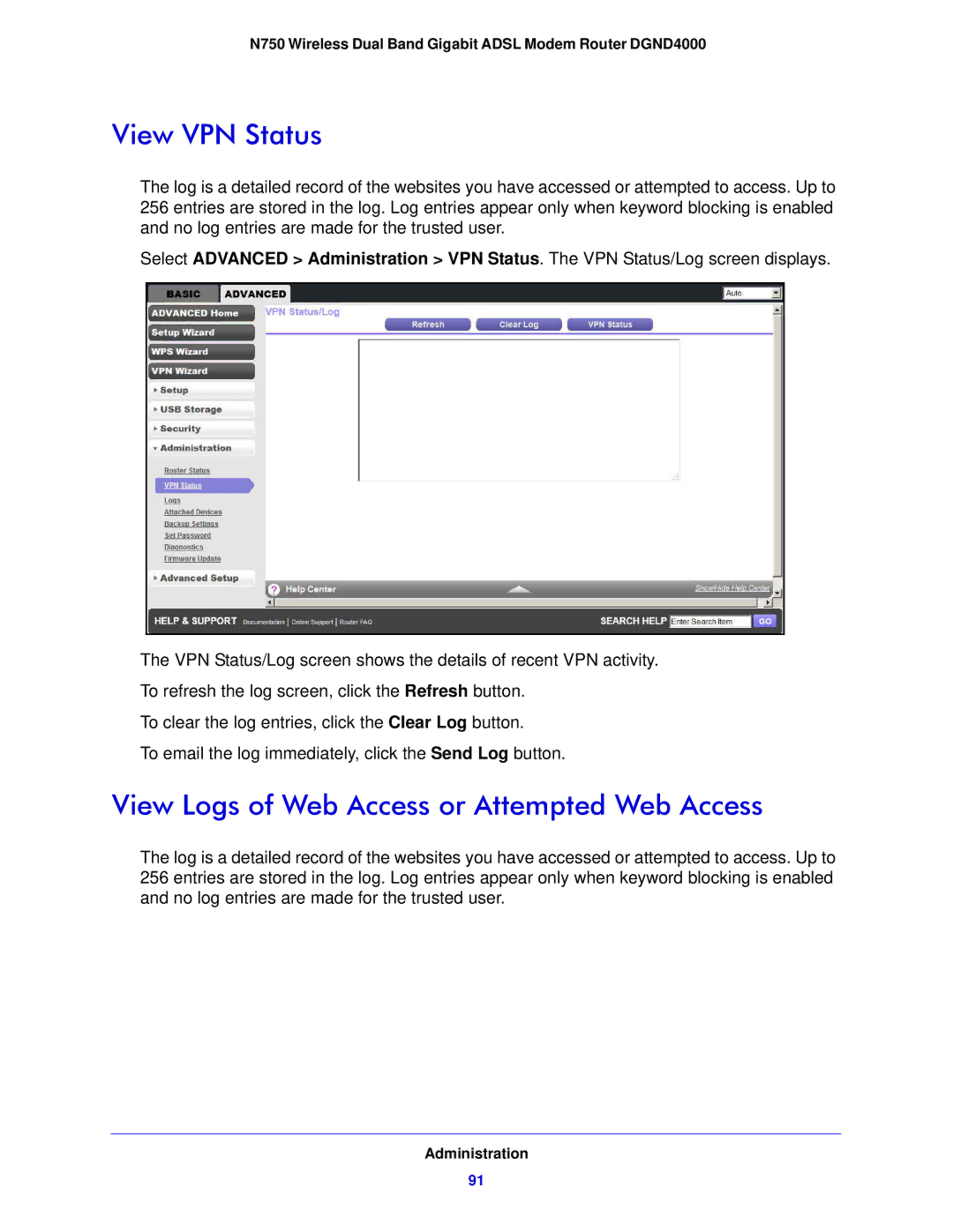 NETGEAR DGND4000-100NAS user manual View VPN Status, View Logs of Web Access or Attempted Web Access 