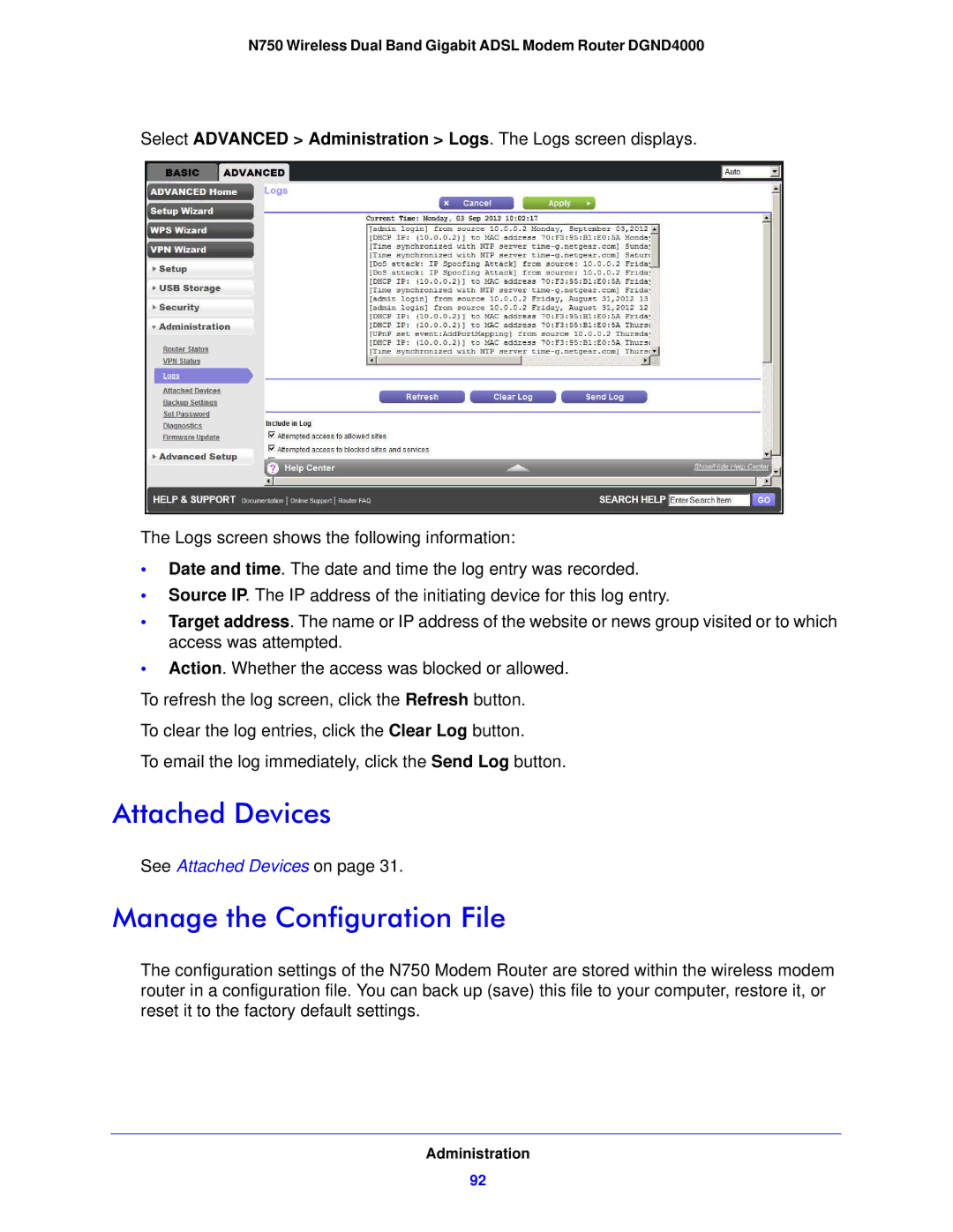 NETGEAR DGND4000-100NAS user manual Attached Devices, Manage the Configuration File 