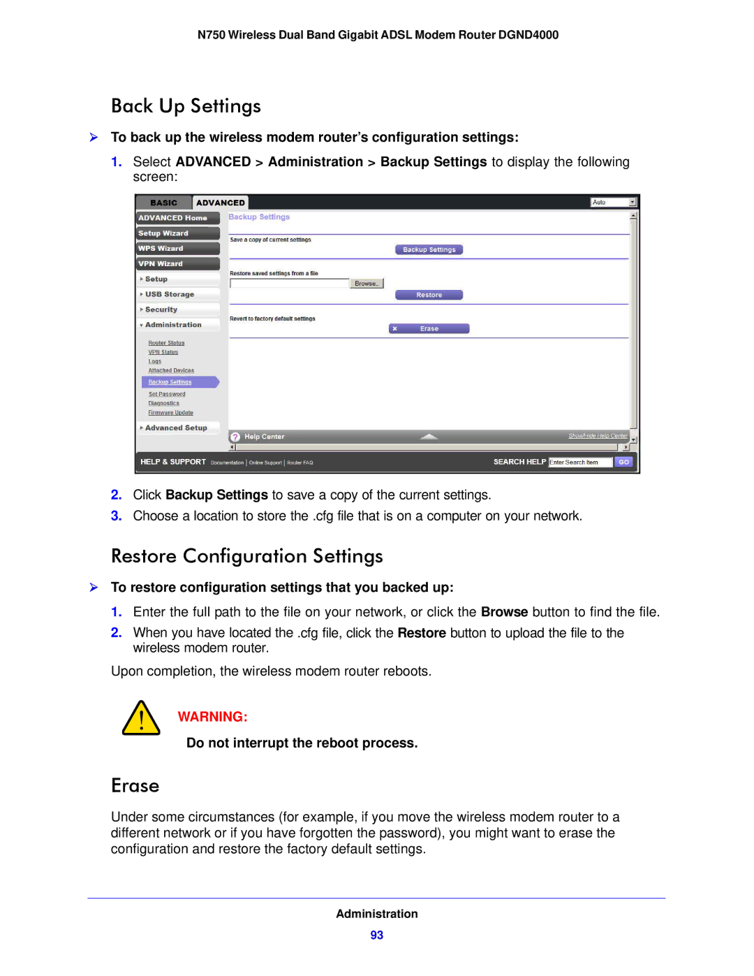 NETGEAR DGND4000-100NAS Back Up Settings, Restore Configuration Settings, Erase, Do not interrupt the reboot process 