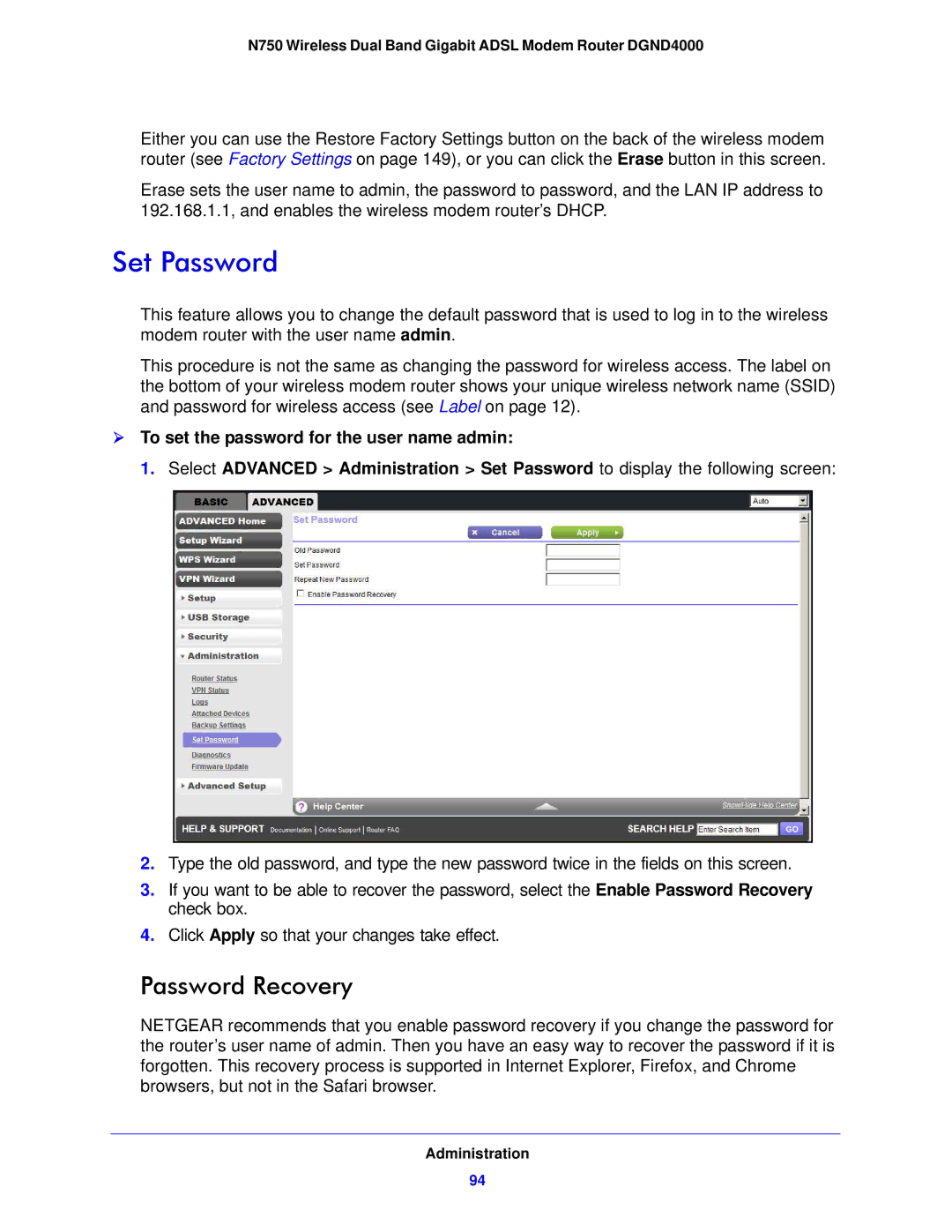 NETGEAR DGND4000-100NAS user manual Set Password, Password Recovery 