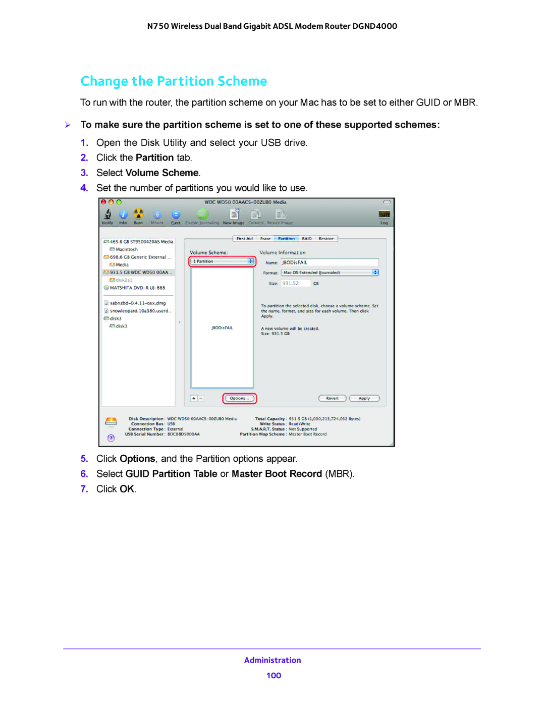 NETGEAR DGND4000 Change the Partition Scheme, Select Volume Scheme, Select Guid Partition Table or Master Boot Record MBR 