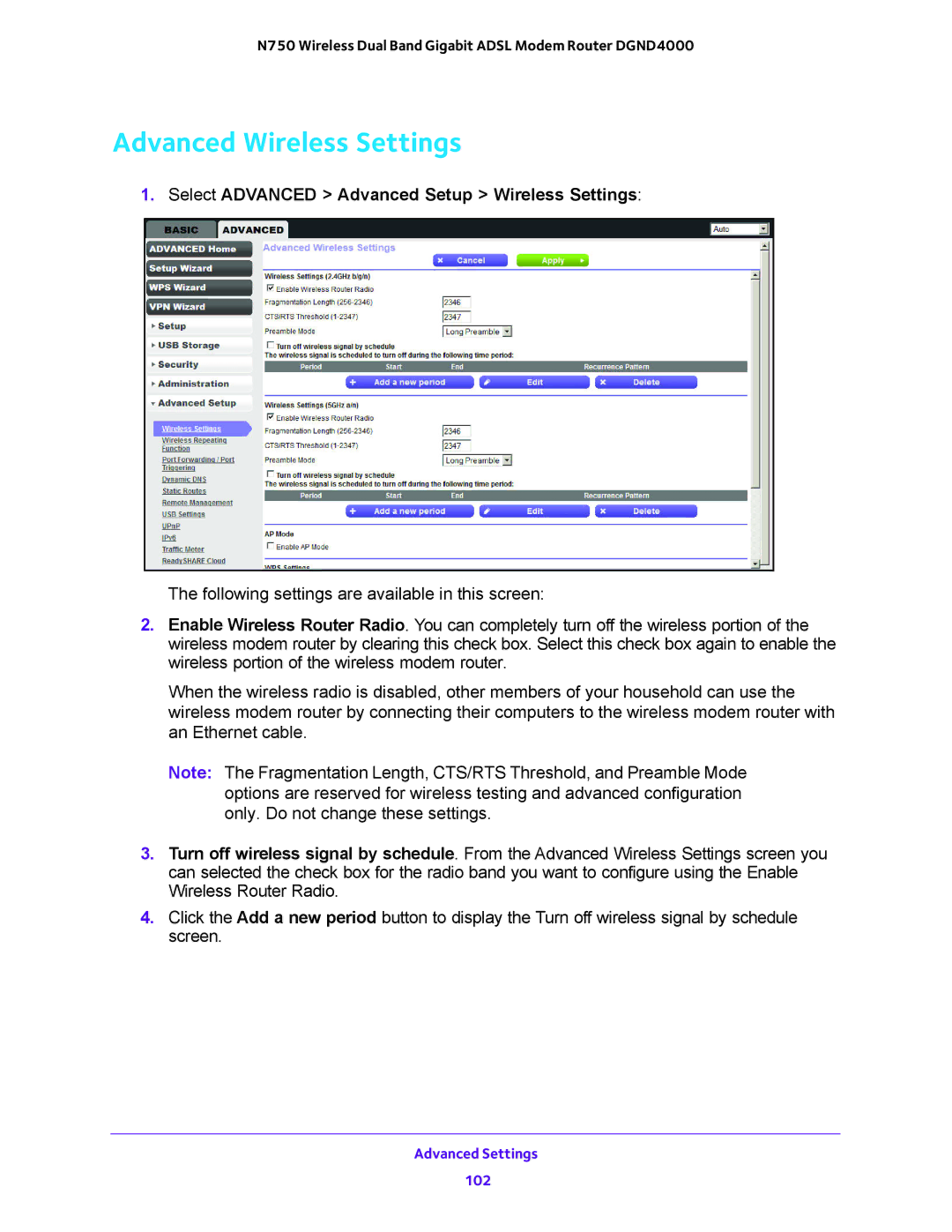 NETGEAR DGND4000 user manual Advanced Wireless Settings, Select Advanced Advanced Setup Wireless Settings 