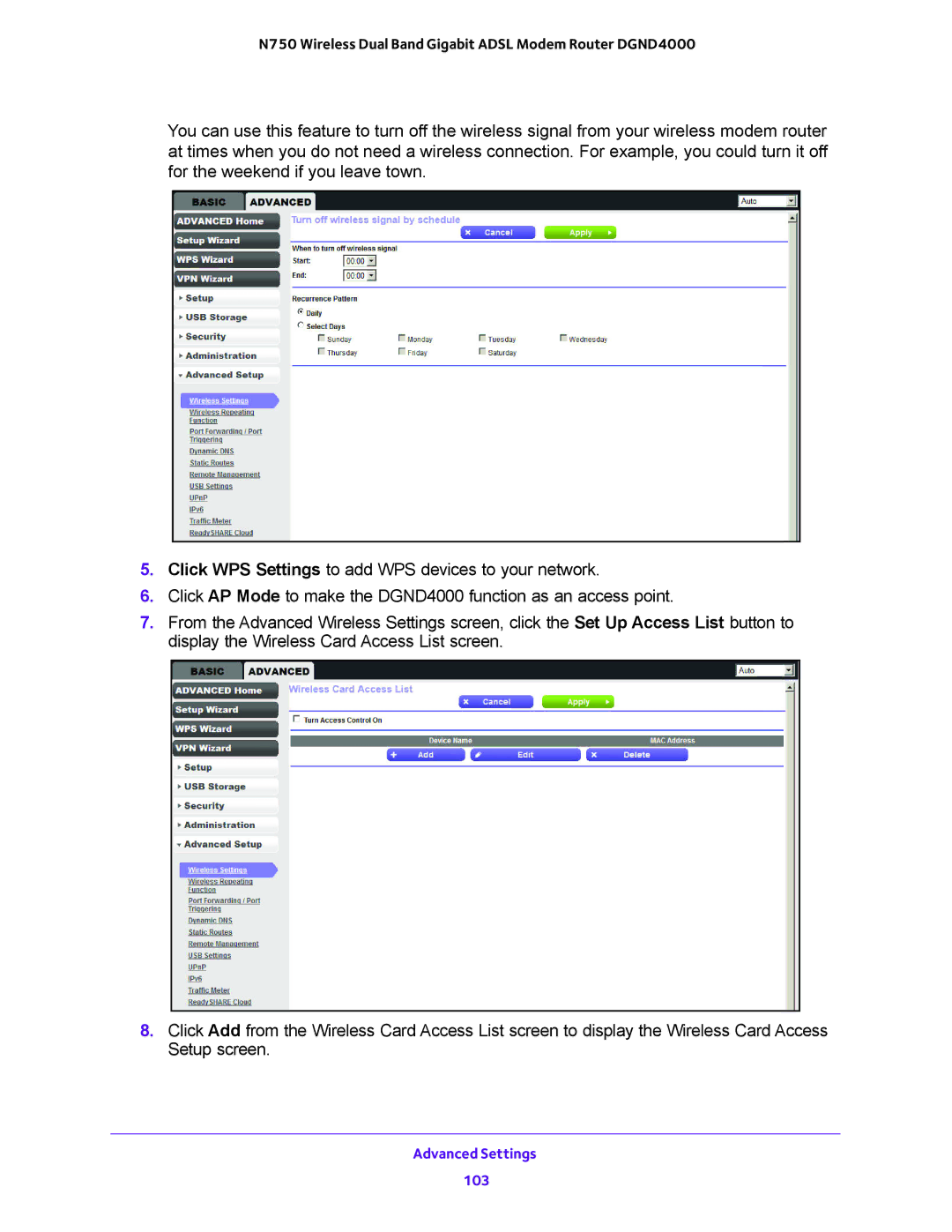 NETGEAR DGND4000 user manual Advanced Settings 103 