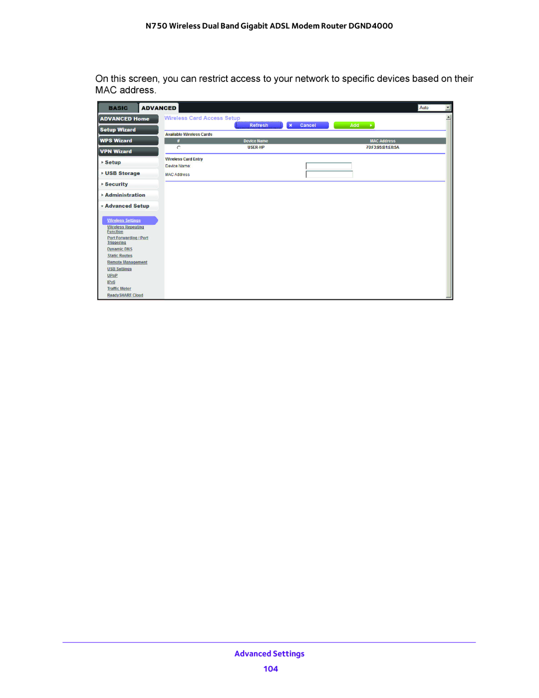 NETGEAR DGND4000 user manual Advanced Settings 104 