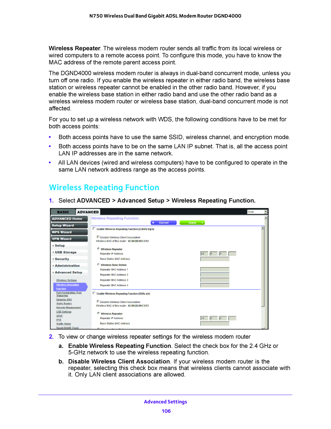 NETGEAR DGND4000 user manual Select Advanced Advanced Setup Wireless Repeating Function 