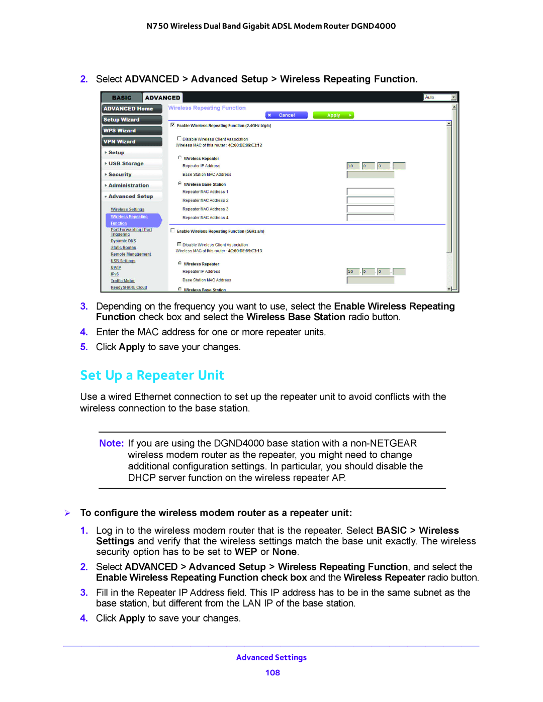 NETGEAR DGND4000 user manual Set Up a Repeater Unit,  To configure the wireless modem router as a repeater unit 