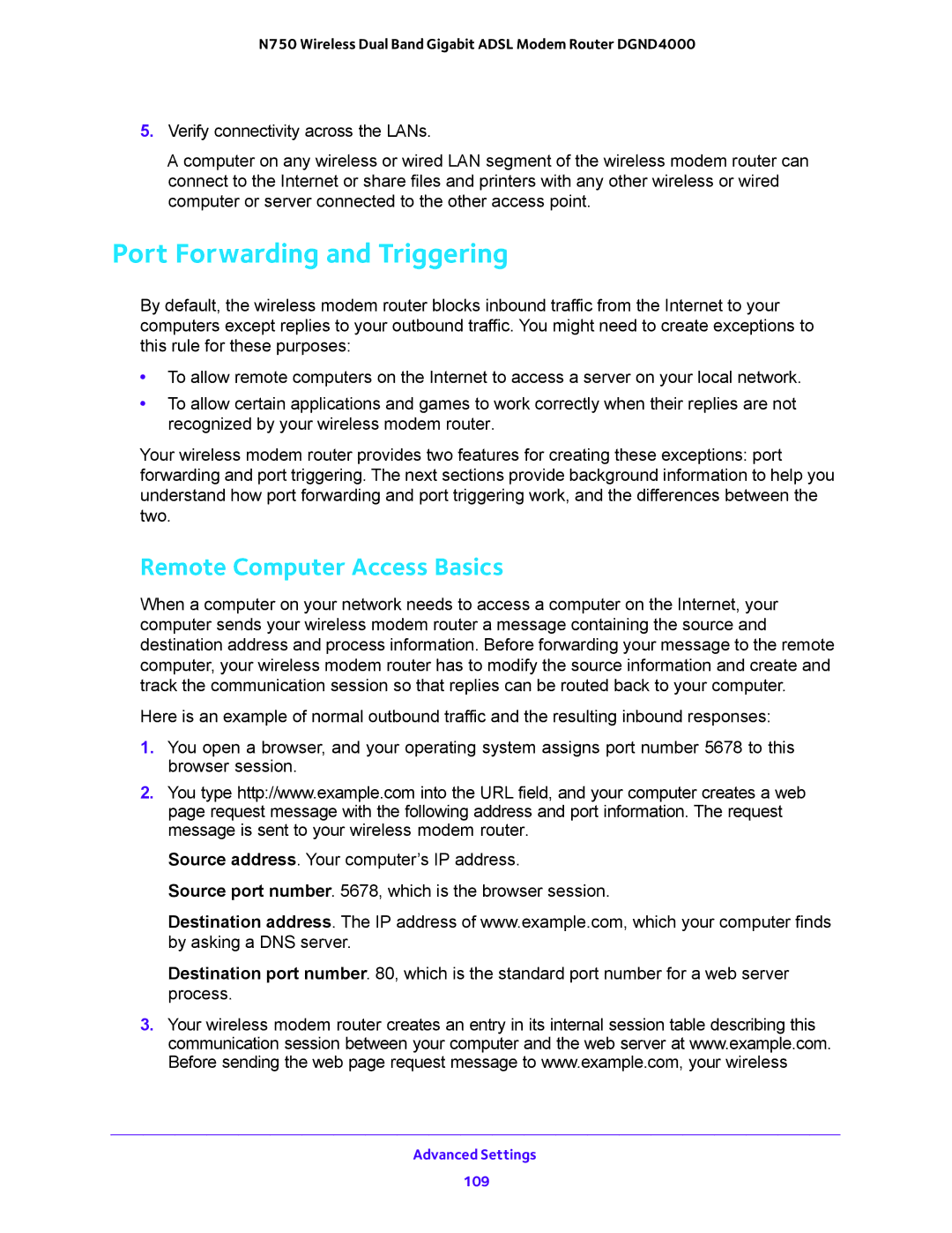 NETGEAR DGND4000 user manual Port Forwarding and Triggering, Remote Computer Access Basics 