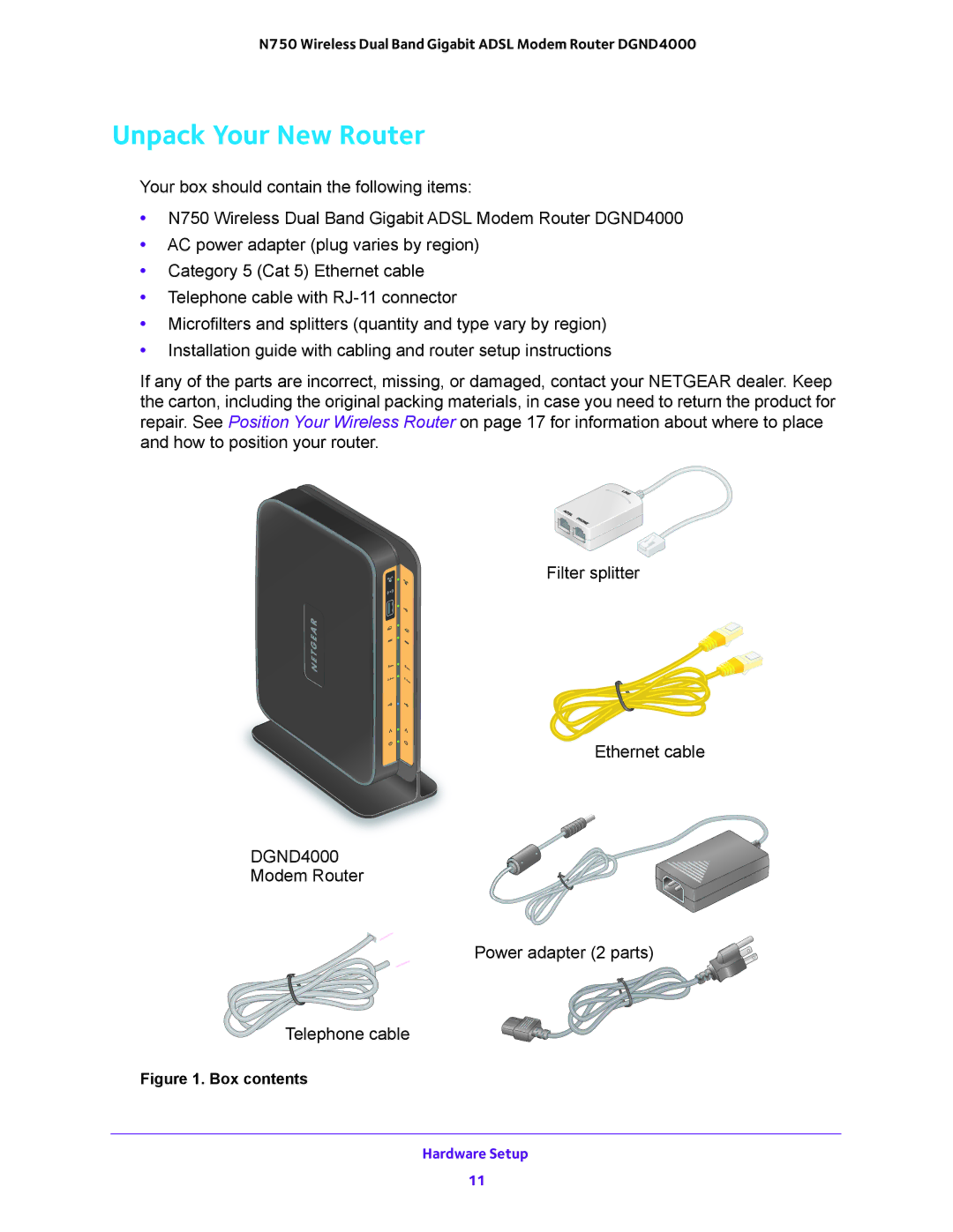 NETGEAR DGND4000 user manual Unpack Your New Router, Box contents 