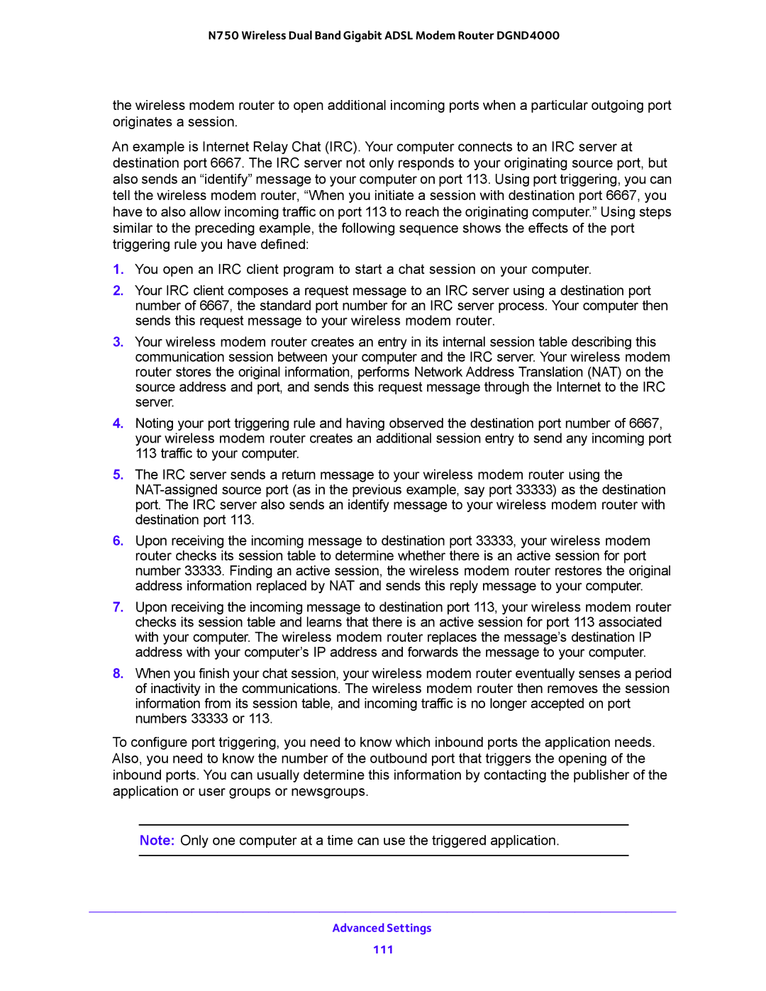 NETGEAR DGND4000 user manual Advanced Settings 111 