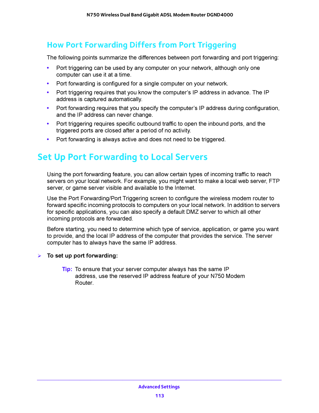 NETGEAR DGND4000 user manual Set Up Port Forwarding to Local Servers, How Port Forwarding Differs from Port Triggering 