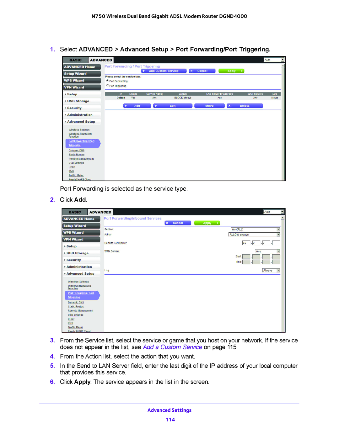 NETGEAR DGND4000 user manual Advanced Settings 114 