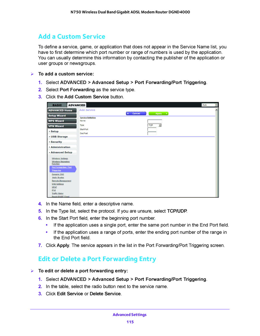 NETGEAR DGND4000 Add a Custom Service, Edit or Delete a Port Forwarding Entry, Click the Add Custom Service button 