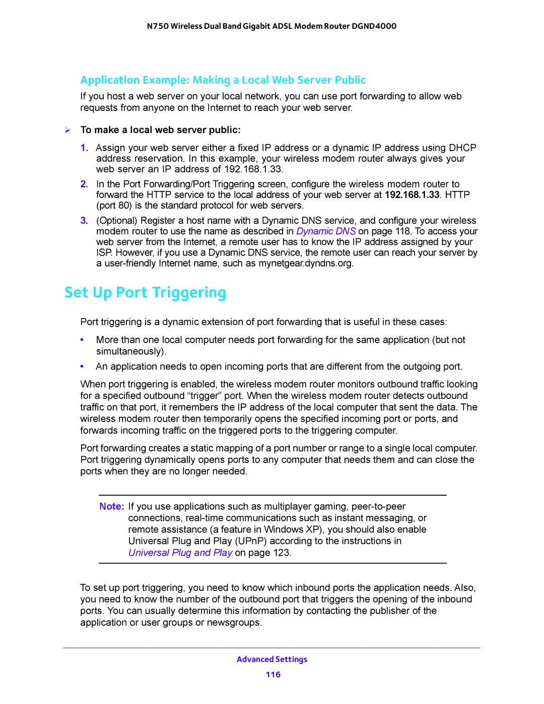 NETGEAR DGND4000 user manual Set Up Port Triggering, Application Example Making a Local Web Server Public 