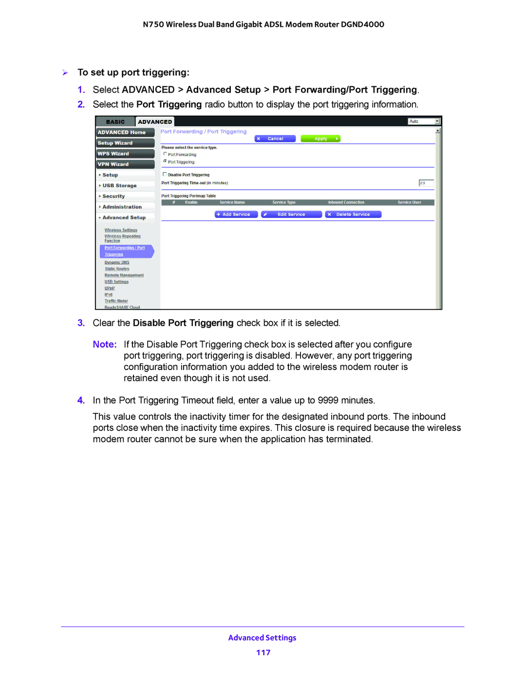 NETGEAR DGND4000 user manual Advanced Settings 117 