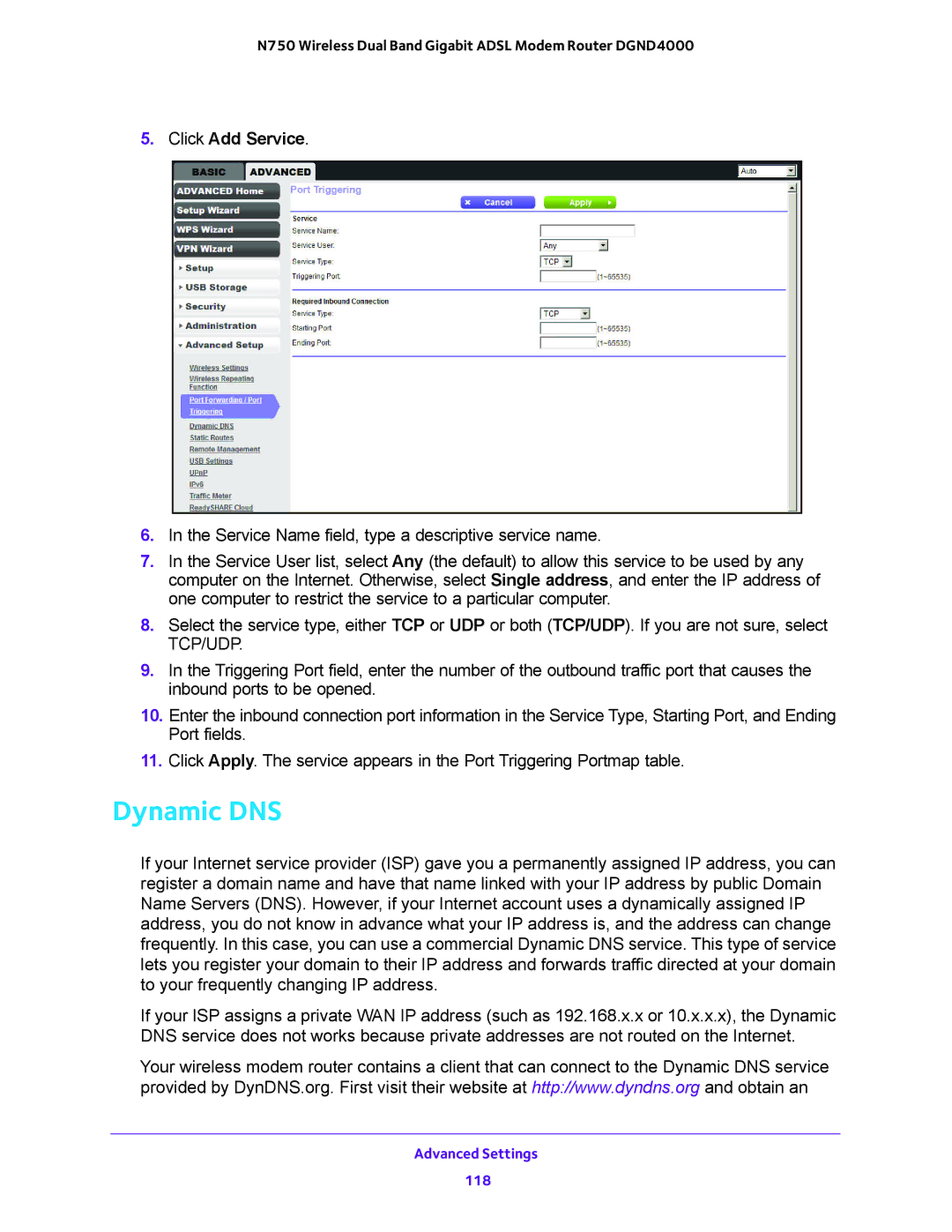 NETGEAR DGND4000 user manual Dynamic DNS, Click Add Service 