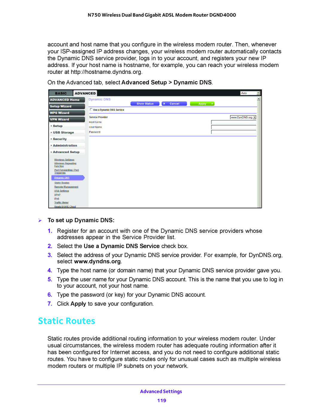 NETGEAR DGND4000 user manual Static Routes,  To set up Dynamic DNS, Select the Use a Dynamic DNS Service check box 