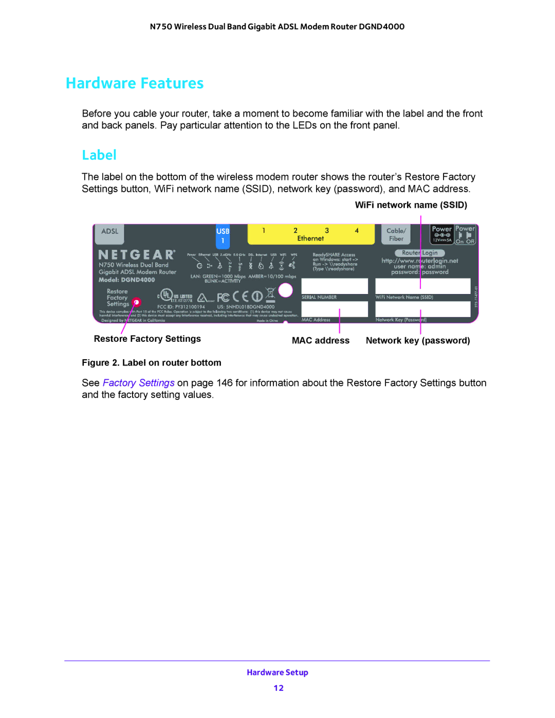 NETGEAR DGND4000 user manual Hardware Features, Label 