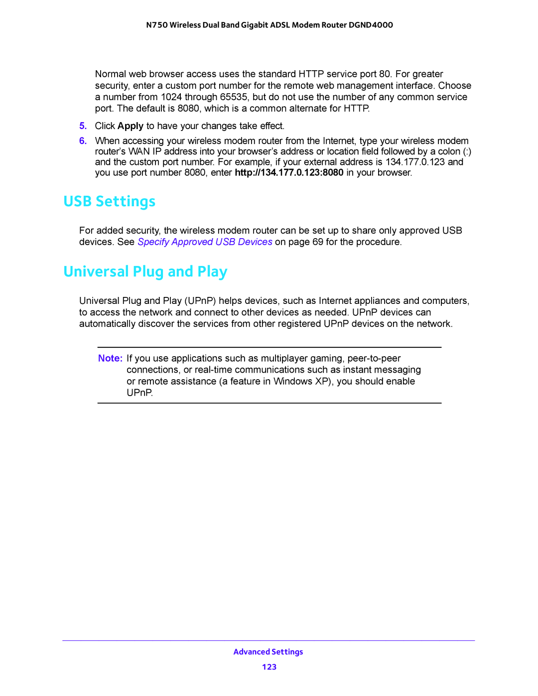 NETGEAR DGND4000 user manual USB Settings, Universal Plug and Play 