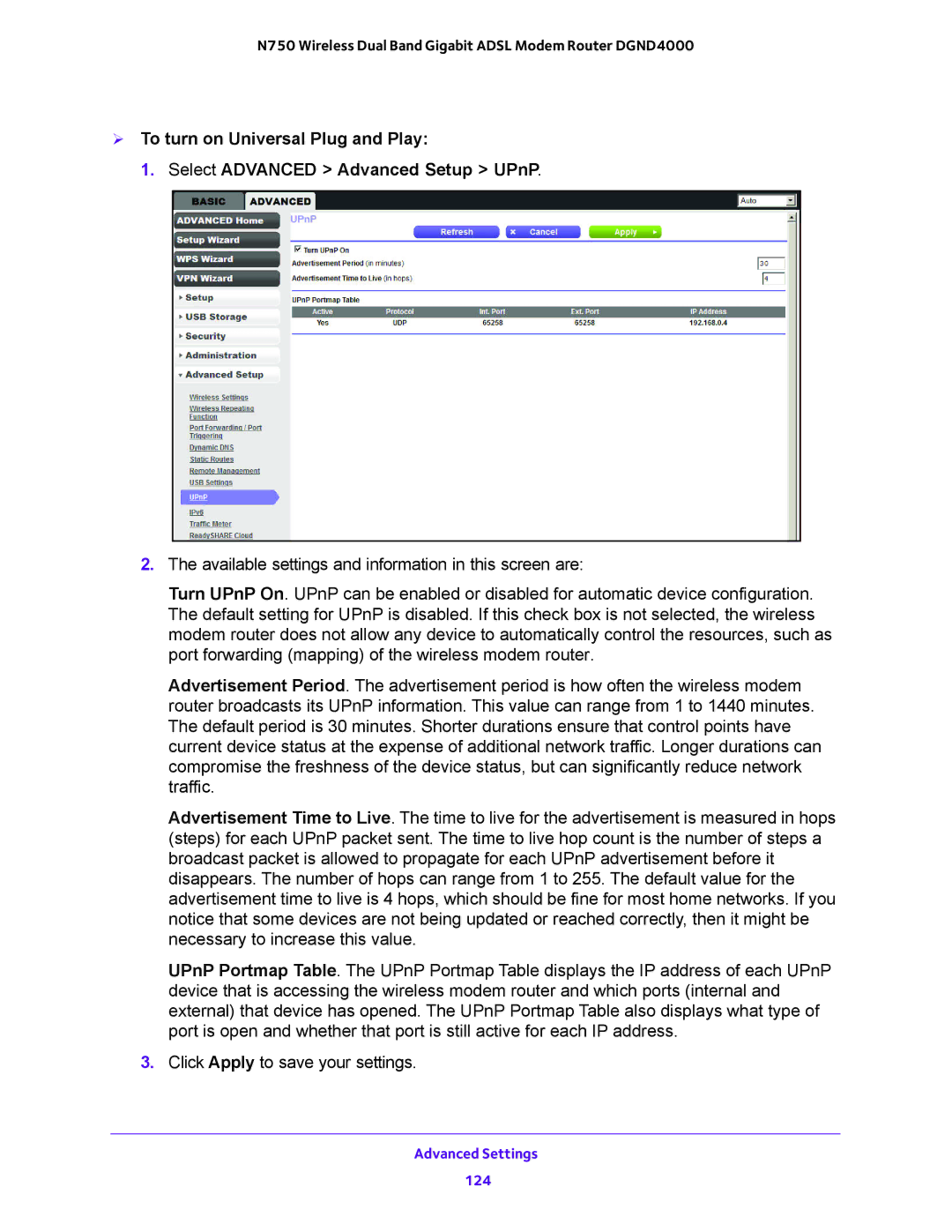 NETGEAR DGND4000 user manual Advanced Settings 124 