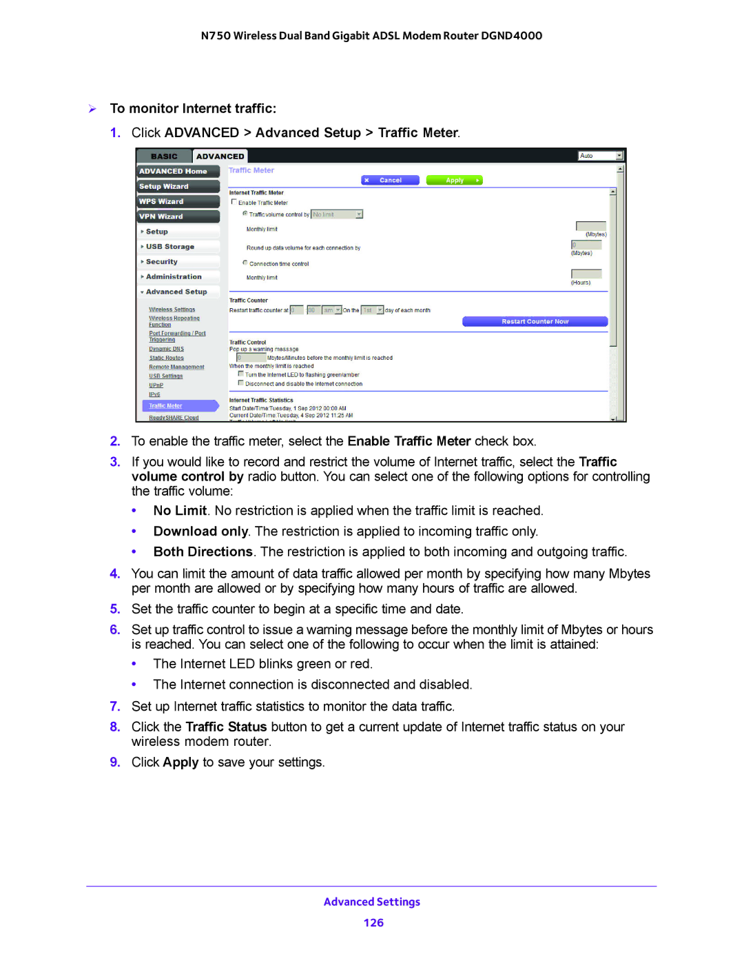 NETGEAR DGND4000 user manual Advanced Settings 126 