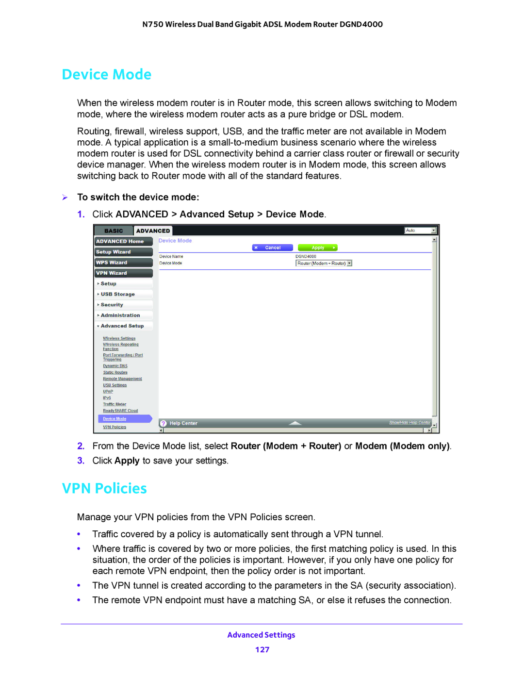 NETGEAR DGND4000 user manual Device Mode, VPN Policies 