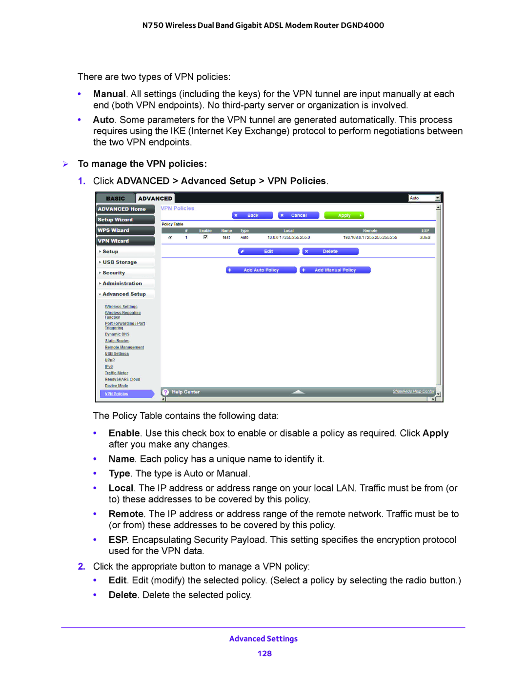 NETGEAR DGND4000 user manual Advanced Settings 128 