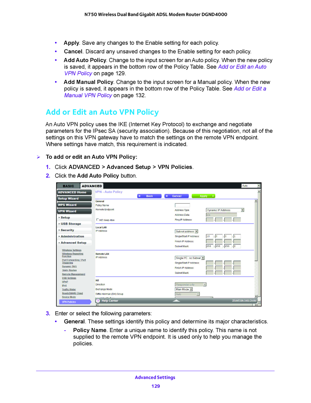 NETGEAR DGND4000 user manual Add or Edit an Auto VPN Policy 