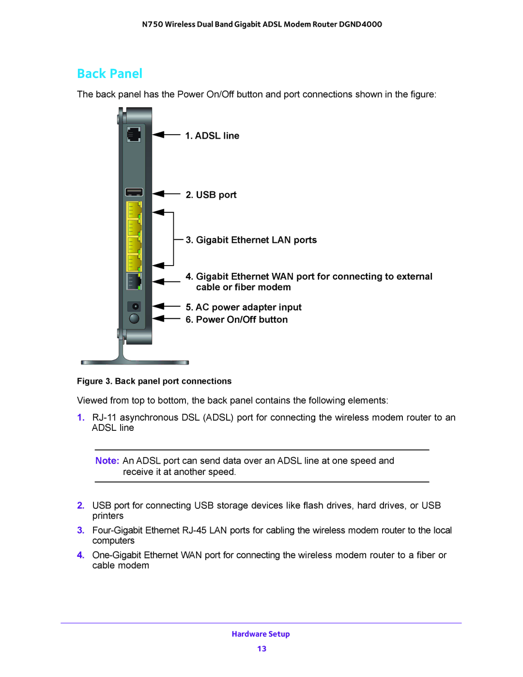 NETGEAR DGND4000 user manual Back Panel, Back panel port connections 