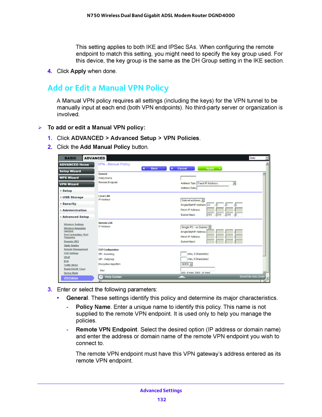 NETGEAR DGND4000 user manual Add or Edit a Manual VPN Policy 