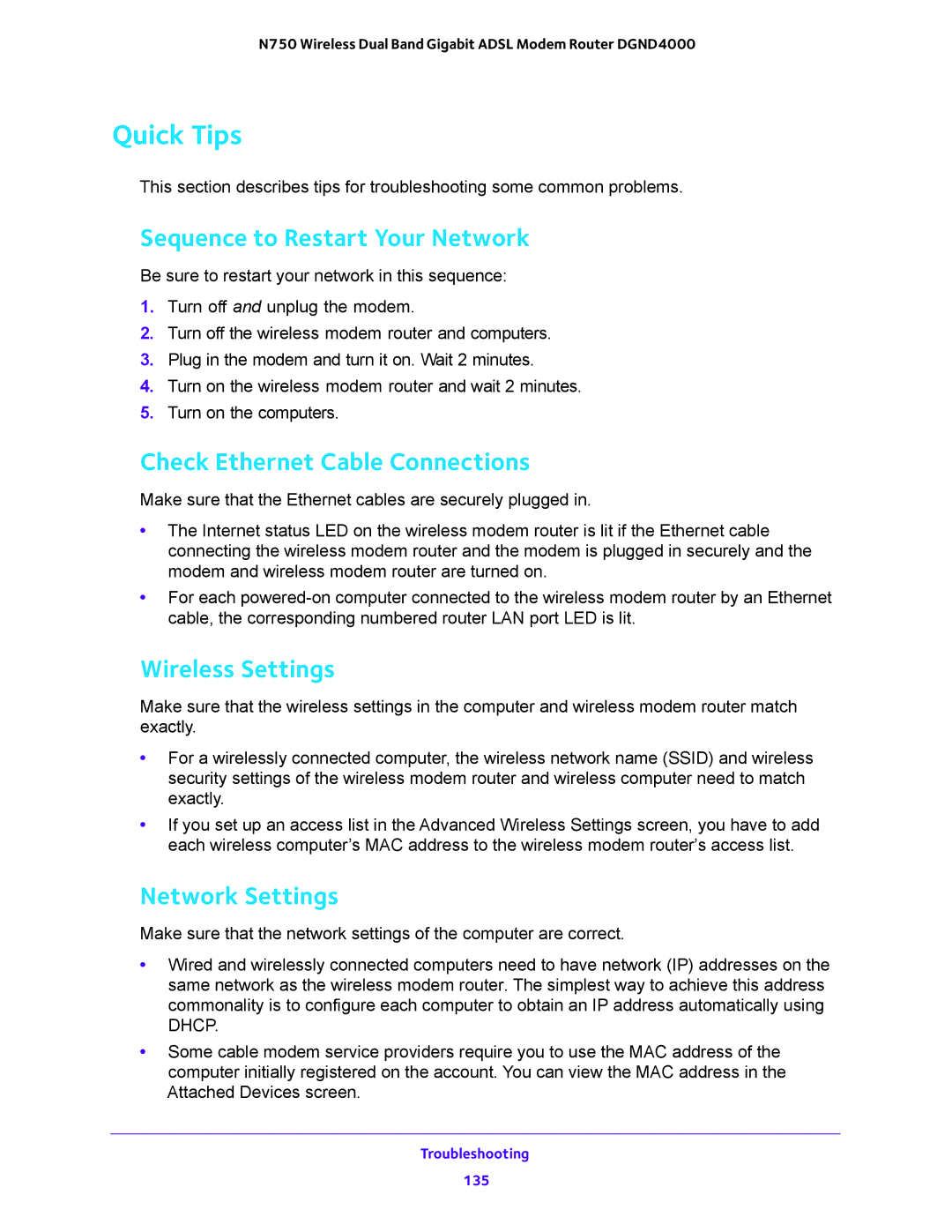 NETGEAR DGND4000 Quick Tips, Sequence to Restart Your Network, Check Ethernet Cable Connections, Wireless Settings 