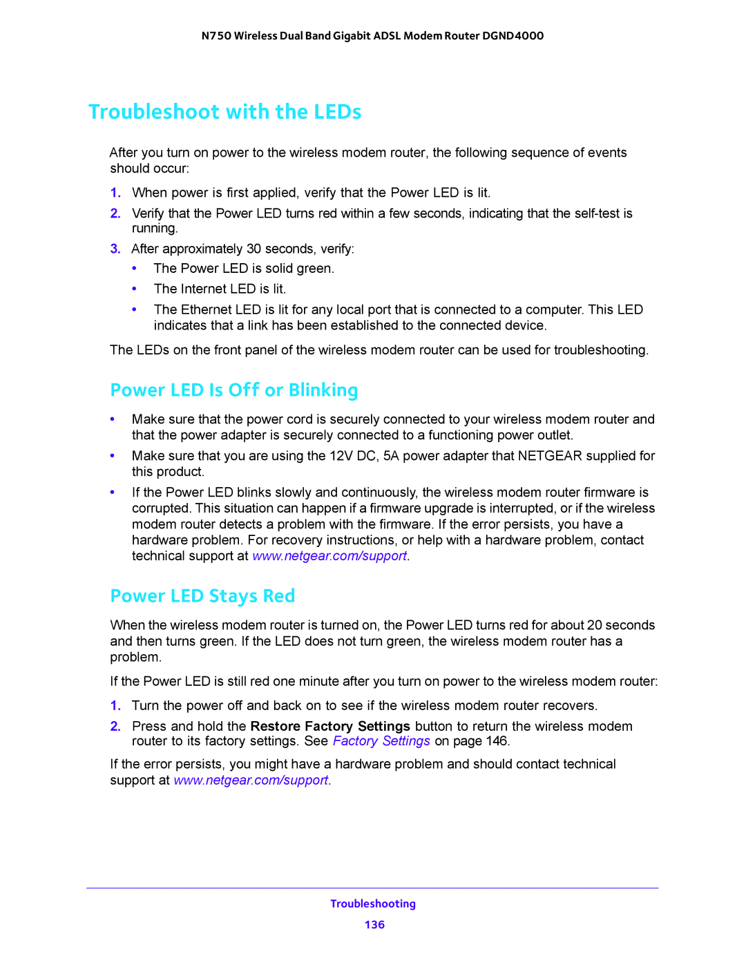 NETGEAR DGND4000 user manual Troubleshoot with the LEDs, Power LED Is Off or Blinking, Power LED Stays Red 