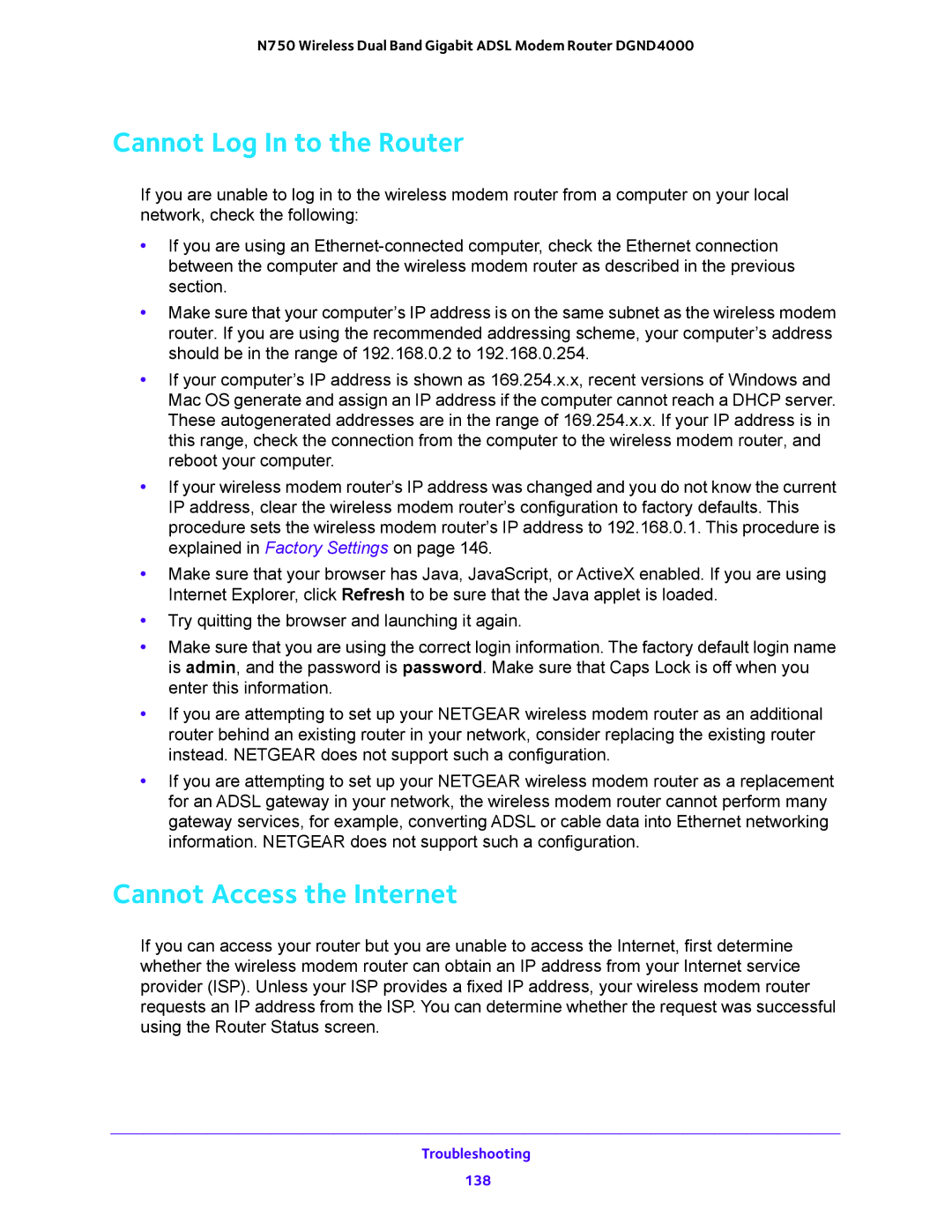 NETGEAR DGND4000 user manual Cannot Log In to the Router, Cannot Access the Internet 