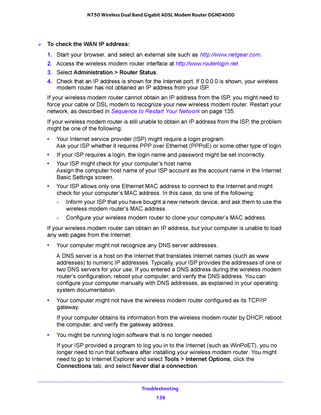 NETGEAR DGND4000 user manual Troubleshooting 139 