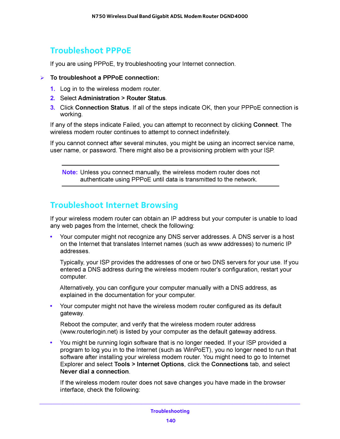 NETGEAR DGND4000 user manual Troubleshoot PPPoE, Troubleshoot Internet Browsing,  To troubleshoot a PPPoE connection 