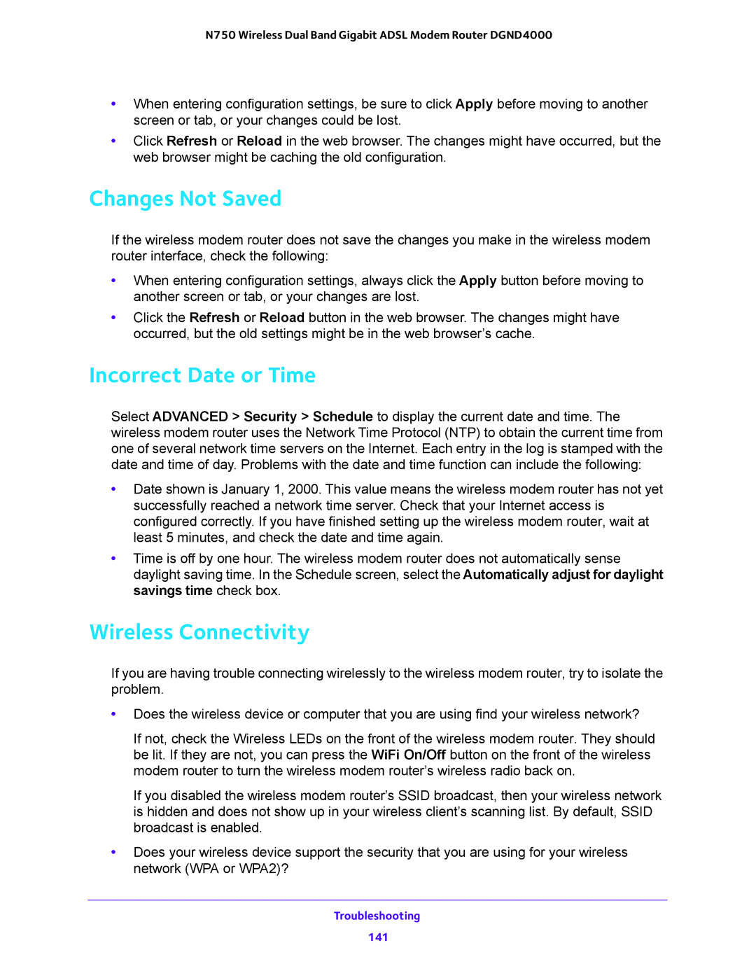 NETGEAR DGND4000 user manual Changes Not Saved, Incorrect Date or Time, Wireless Connectivity 