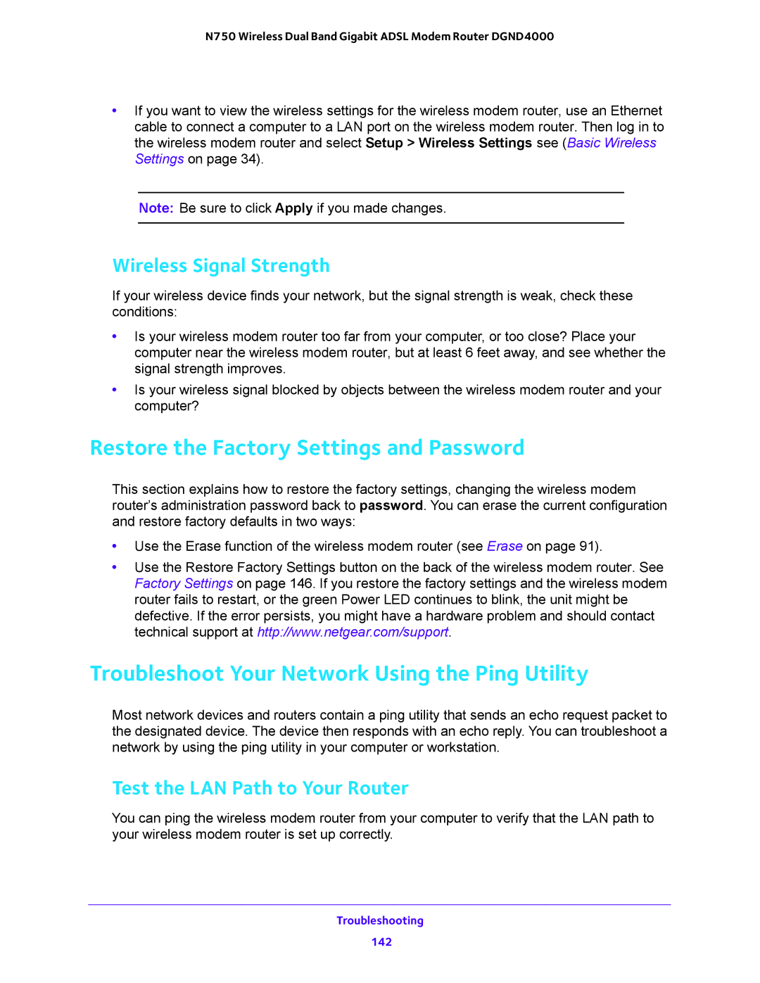 NETGEAR DGND4000 user manual Restore the Factory Settings and Password, Troubleshoot Your Network Using the Ping Utility 