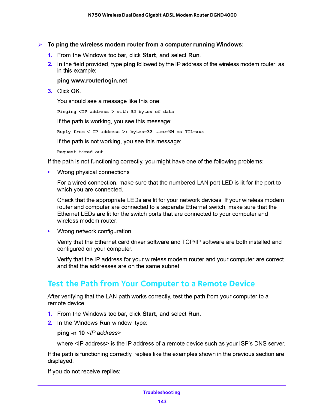 NETGEAR DGND4000 user manual Test the Path from Your Computer to a Remote Device 