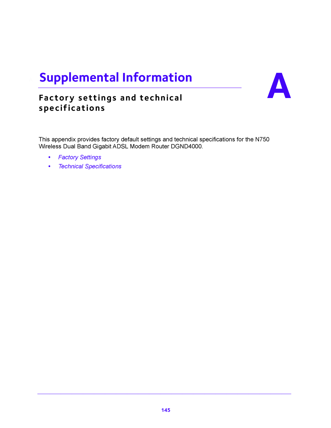 NETGEAR DGND4000 user manual Supplemental Information, Specifications 