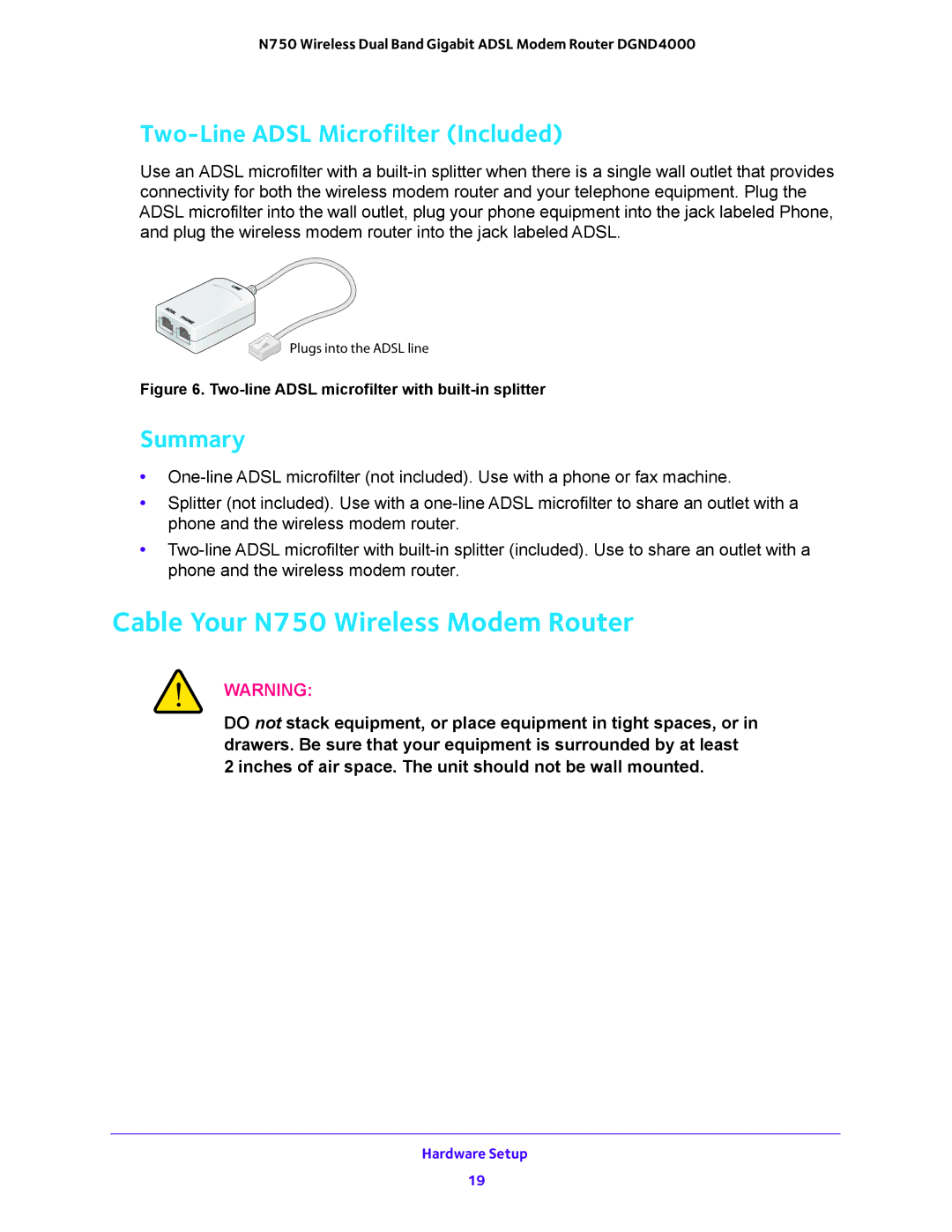 NETGEAR DGND4000 user manual Cable Your N750 Wireless Modem Router, Two-Line Adsl Microfilter Included, Summary 