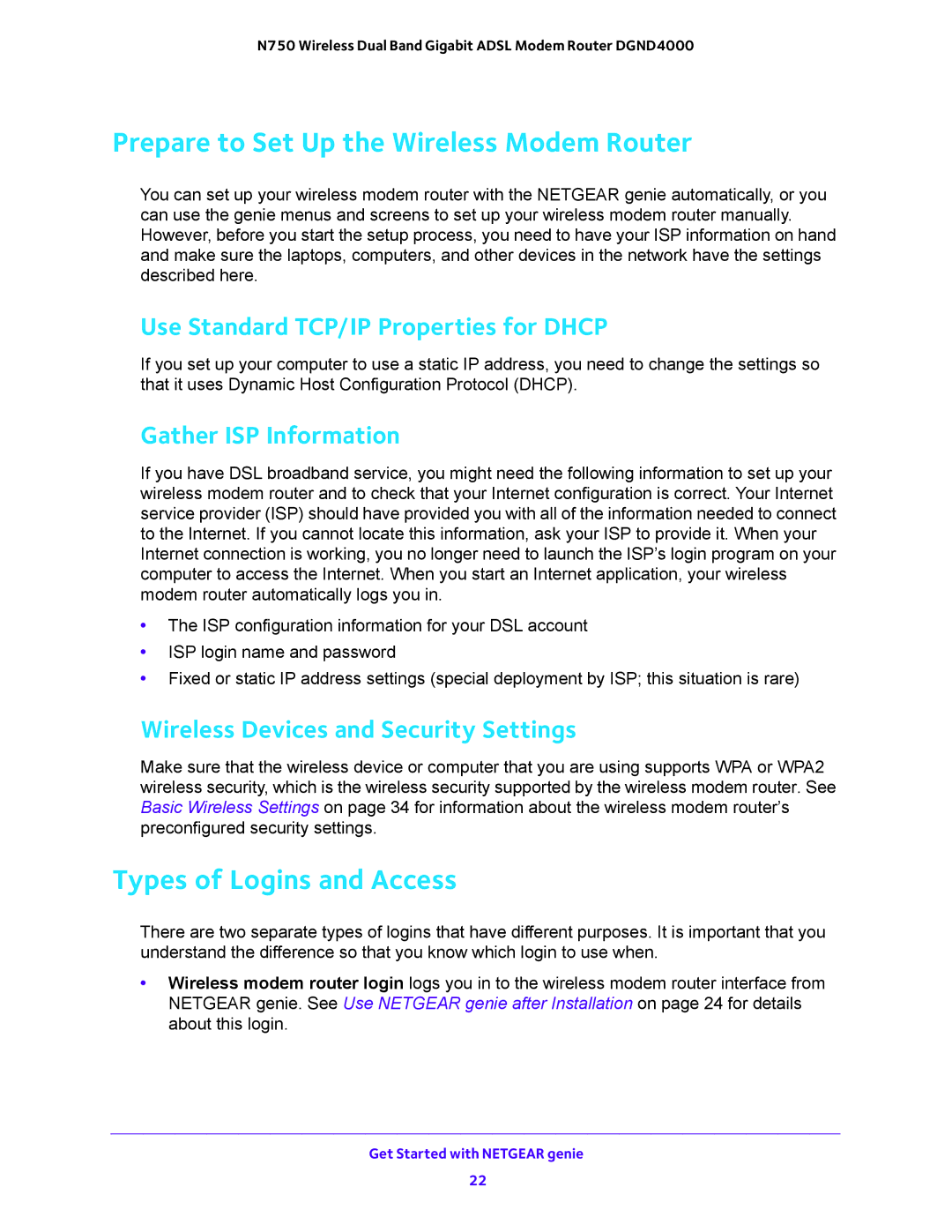 NETGEAR DGND4000 Prepare to Set Up the Wireless Modem Router, Types of Logins and Access, Gather ISP Information 