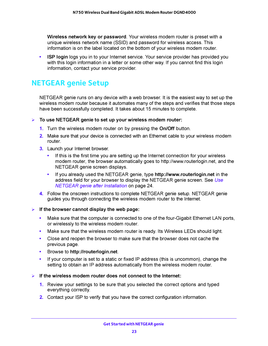 NETGEAR DGND4000 user manual Netgear genie Setup,  To use Netgear genie to set up your wireless modem router 