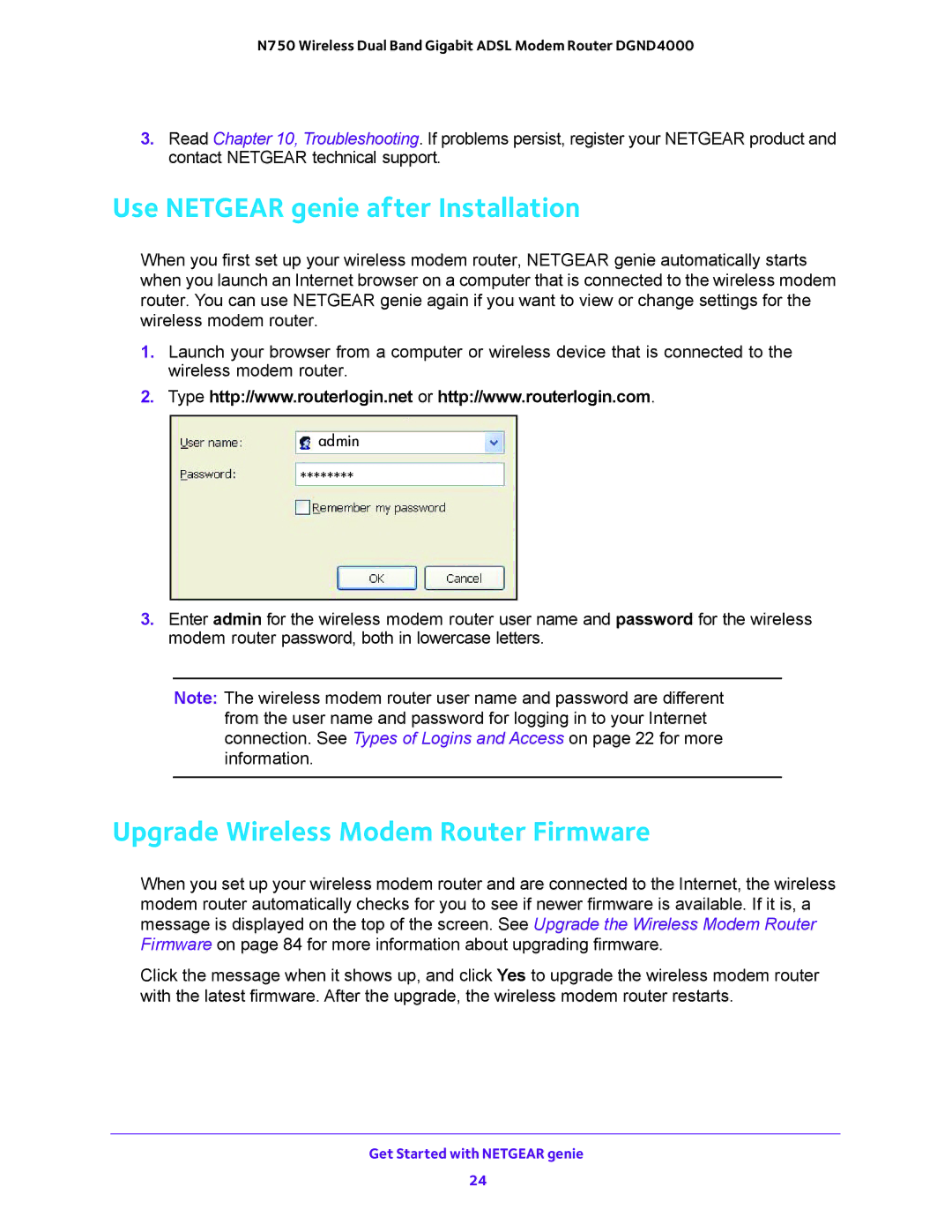 NETGEAR DGND4000 user manual Use Netgear genie after Installation, Upgrade Wireless Modem Router Firmware 