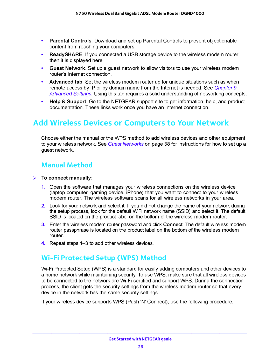 NETGEAR DGND4000 Add Wireless Devices or Computers to Your Network, Manual Method, Wi-Fi Protected Setup WPS Method 