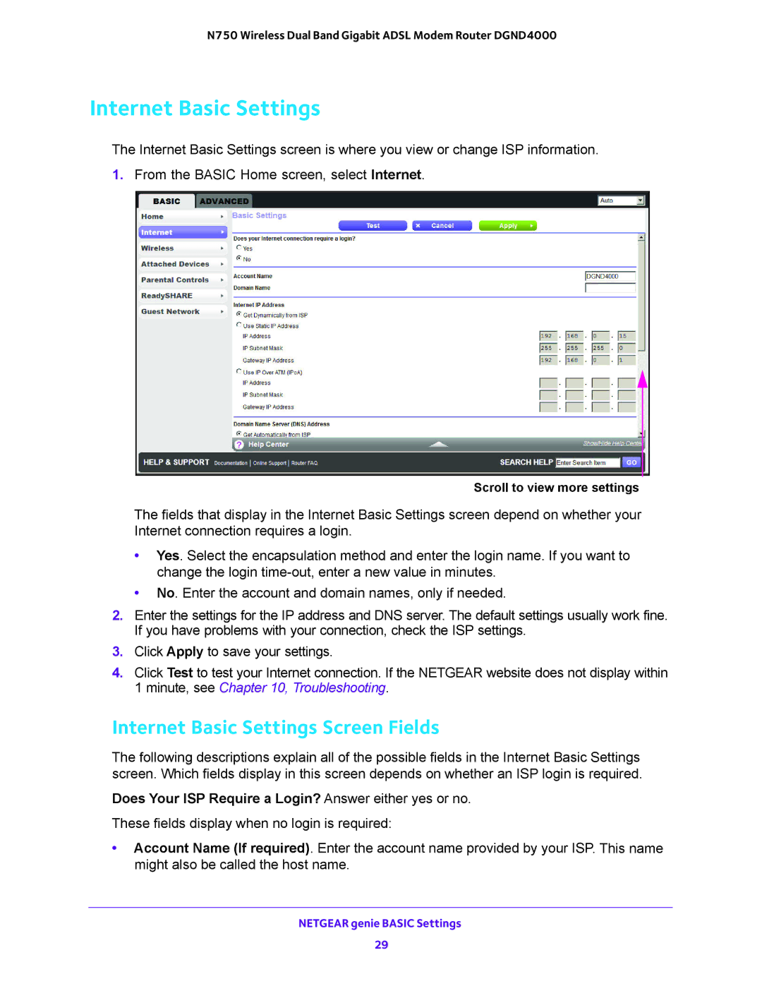 NETGEAR DGND4000 Internet Basic Settings Screen Fields, Does Your ISP Require a Login? Answer either yes or no 