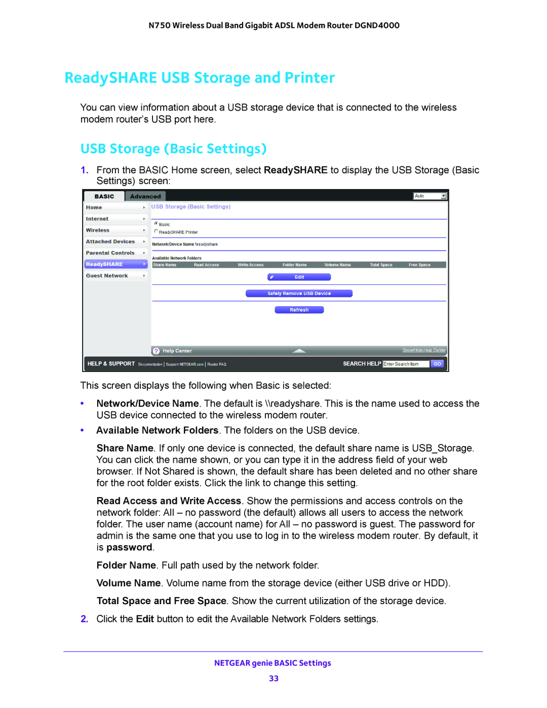 NETGEAR DGND4000 user manual ReadySHARE USB Storage and Printer, USB Storage Basic Settings 