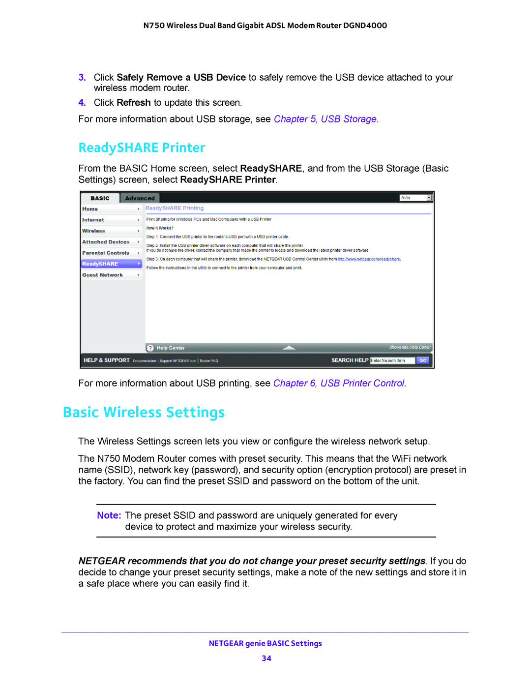 NETGEAR DGND4000 user manual Basic Wireless Settings, ReadySHARE Printer 