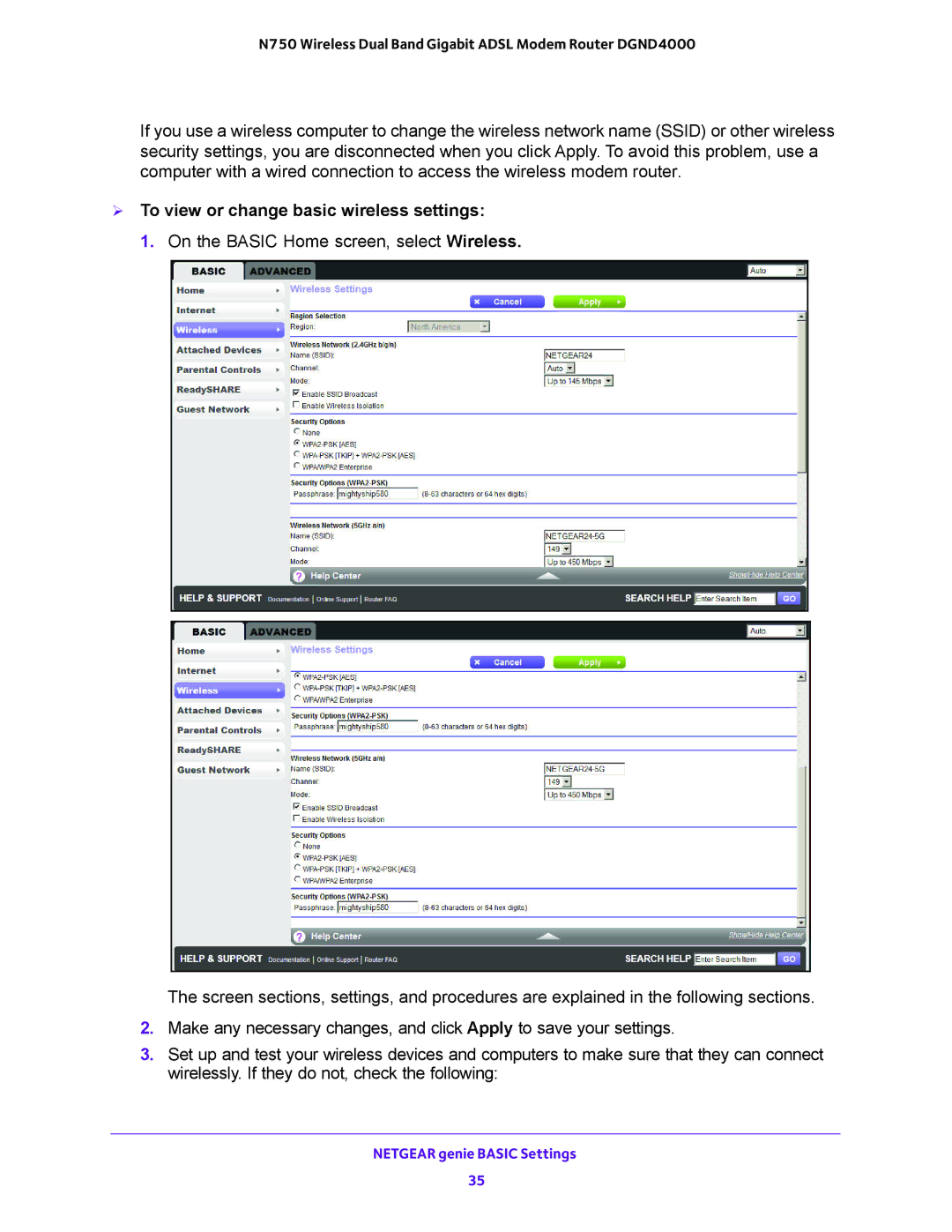 NETGEAR DGND4000 user manual  To view or change basic wireless settings 