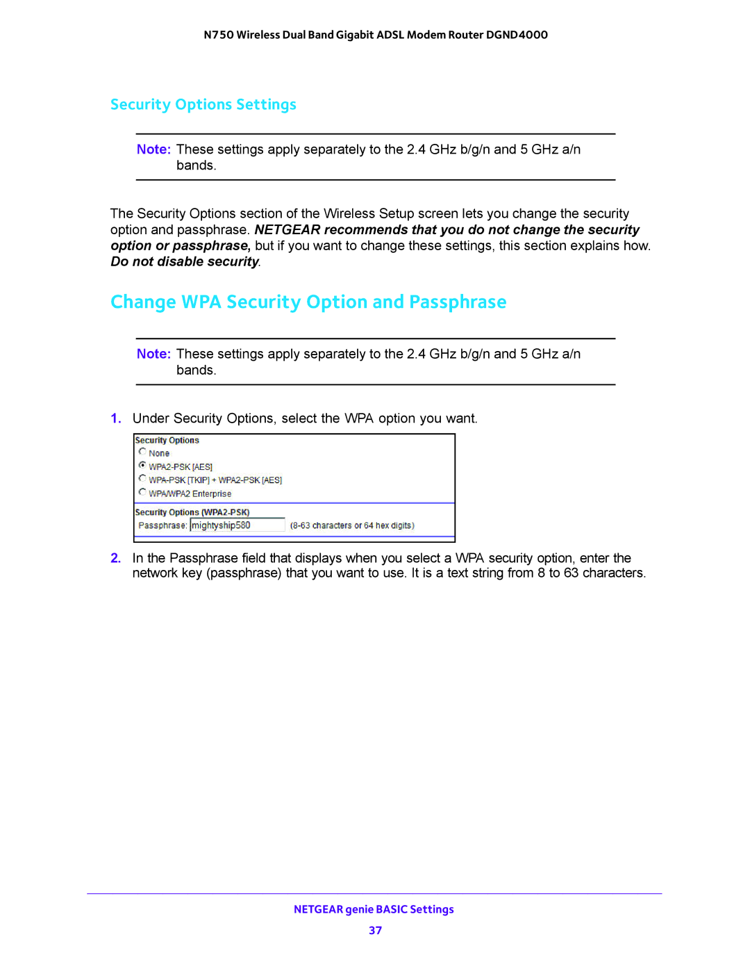 NETGEAR DGND4000 user manual Change WPA Security Option and Passphrase, Security Options Settings 