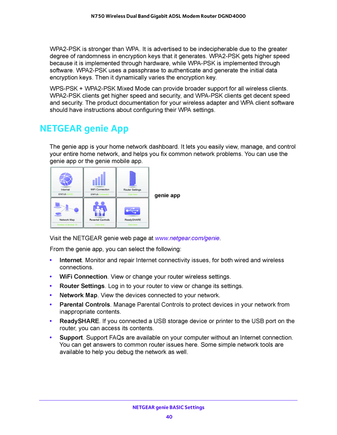 NETGEAR DGND4000 user manual Netgear genie App 